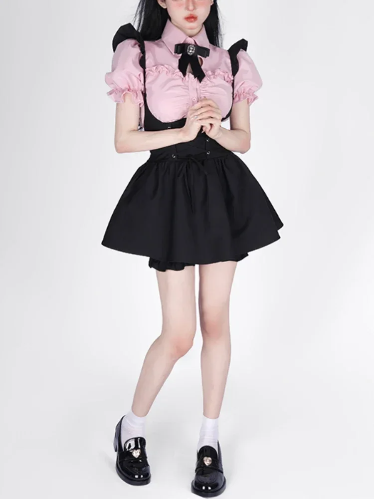 Summer Pink Sweet Kawaii 2 Piece Set Women Black Korean Style Skirt Suit Female 2024 Elegant Cute Blouse Suspenders Mini Dress