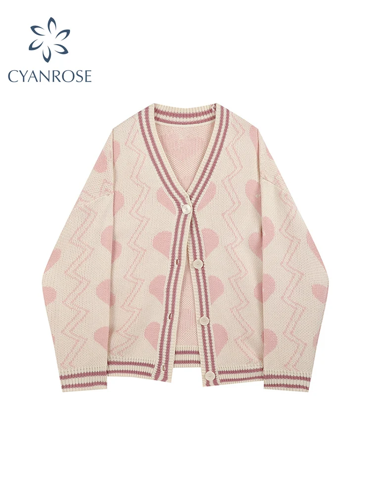 2022 Fashion Women Cardigan Sweater Long Sleeve V-neck Single Breasted Pink Sweet Heart-shaped Print Casual Loose Knitwear Coat