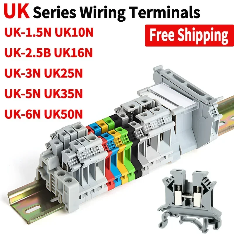 Brass DIN Rail Terminal Block Screw Clamp Connector UK Series Multiple Sizes for Wiring - 1.5N 2.5B 3N 5N 6N 10N 16N 25N 35N 50N