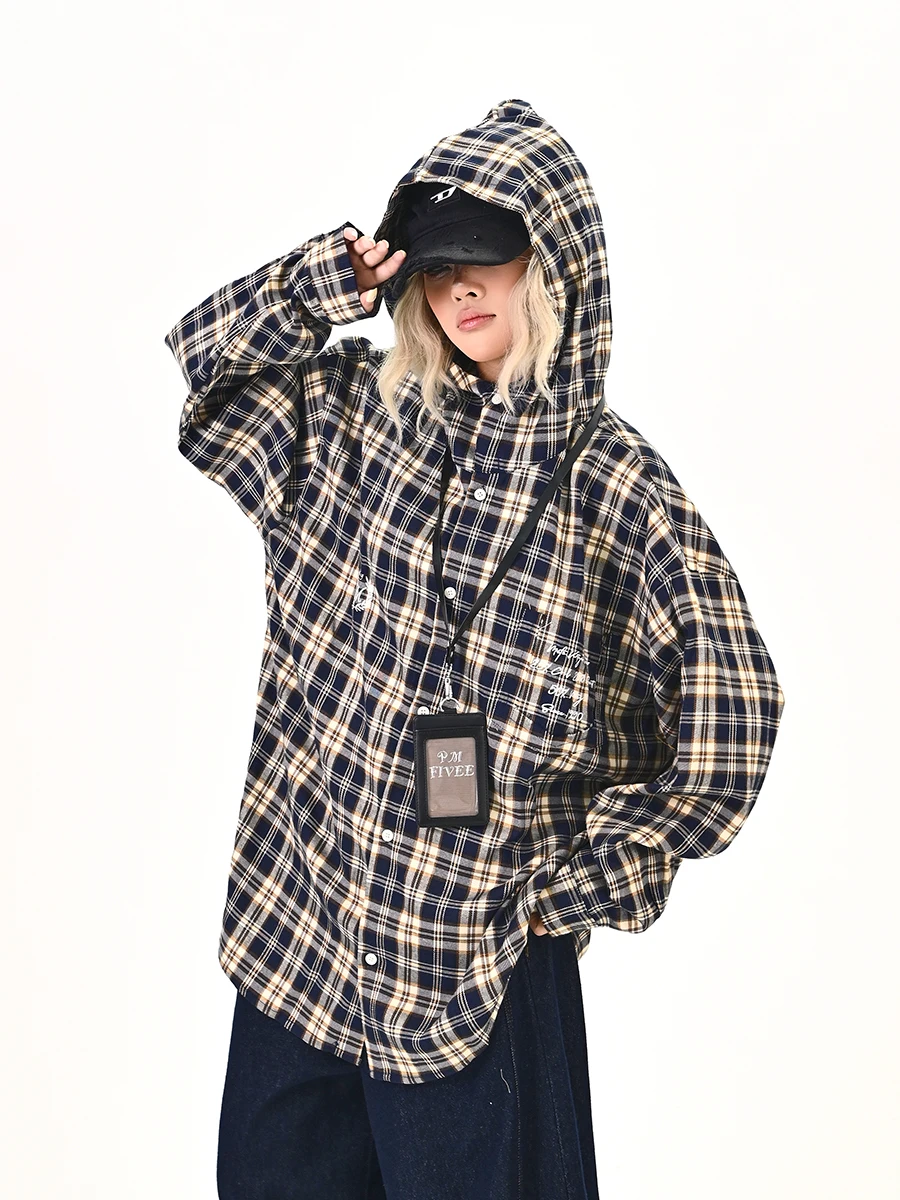

Blue Plaid Long Sve Hooded irt Women's Loose BF American College Sle Top Street Sle Autumn New Arrival PMFIVEE