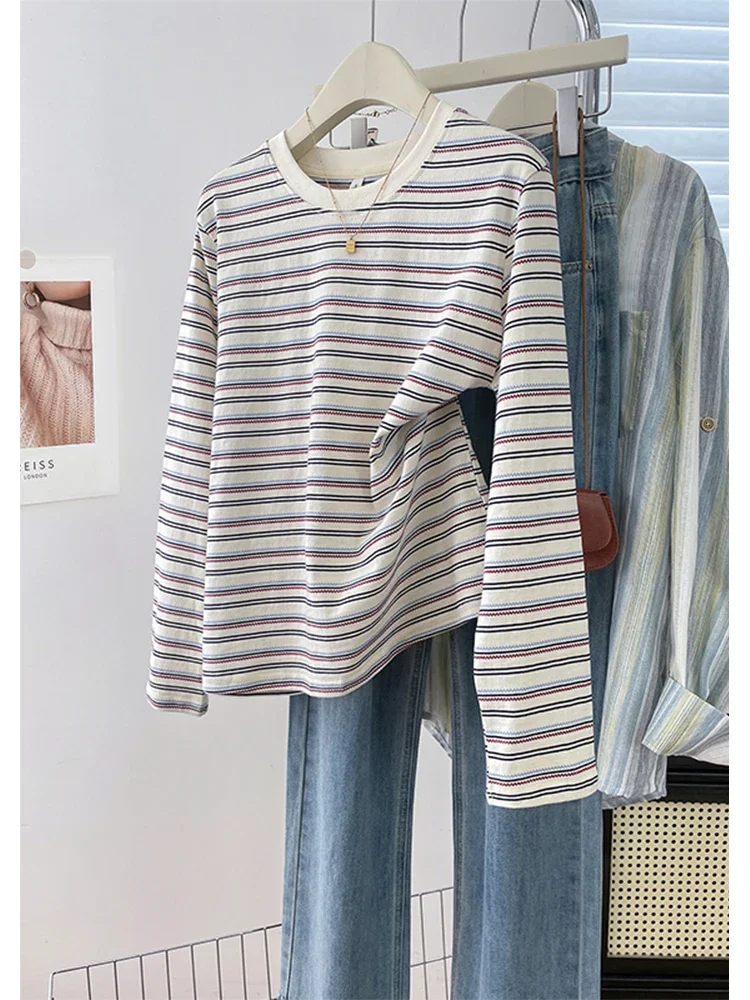 Loose Fit Classic Striped Long Sleeve Round Neck Pure Cotton T-Shirt Casual Versatile Base Layer Shirt for Women Spring Season