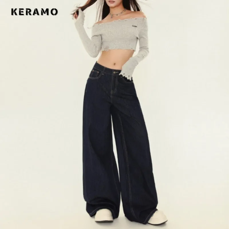 Jeans Harajuku estilo casual feminino, punk de perna larga, calça jeans larga, emo estética vintage, calça lavada solta, Y2K, outono, 2024