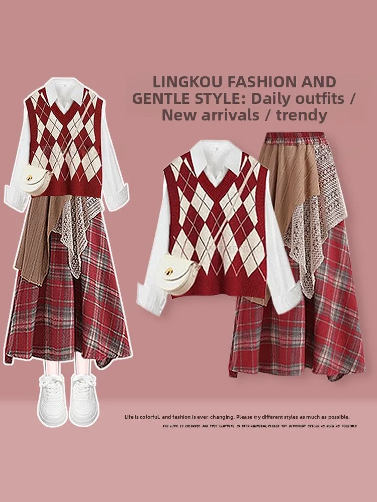 

Faionable plus Size Knitted Set Women's Design Slimming Vest Bot irt Age-Defng Splice Skirt Tee-Piece Suit