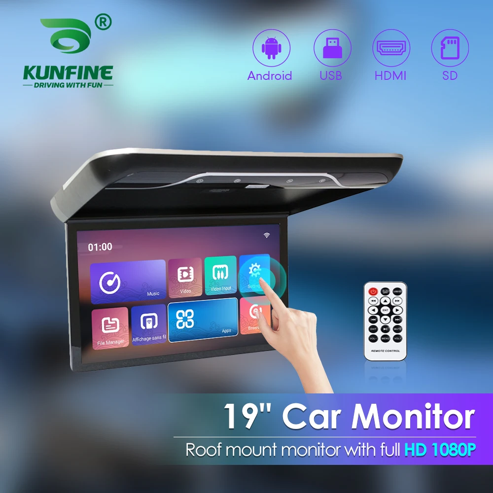 19 Inch Car Roof Monitor TV Flip Down 1080P Video HD IPS Touch Screen With 16-color Ambient Light USB TF HDMI FM Bluetooth Andro