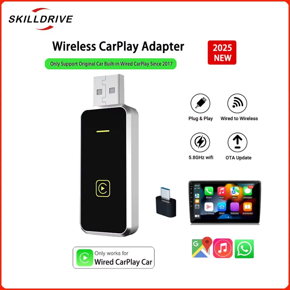 SKILLDRIVE 2025 Wireless CarPlay อะแดปเตอร์สําหรับ Benz Audi Cadillac Kia Hyundai VW Mazda Volvo MG Peugeot ในตัวแบบมีสาย CarPlay รถ