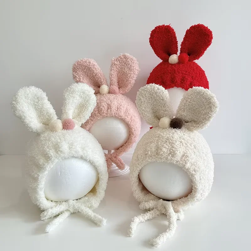 

Cute Rabbit Baby Knitted Hat Winter Warm Headgear Bonnet 1-4year Toddler Tying Ear Protector Pullover Cap Kids Plush Beanies
