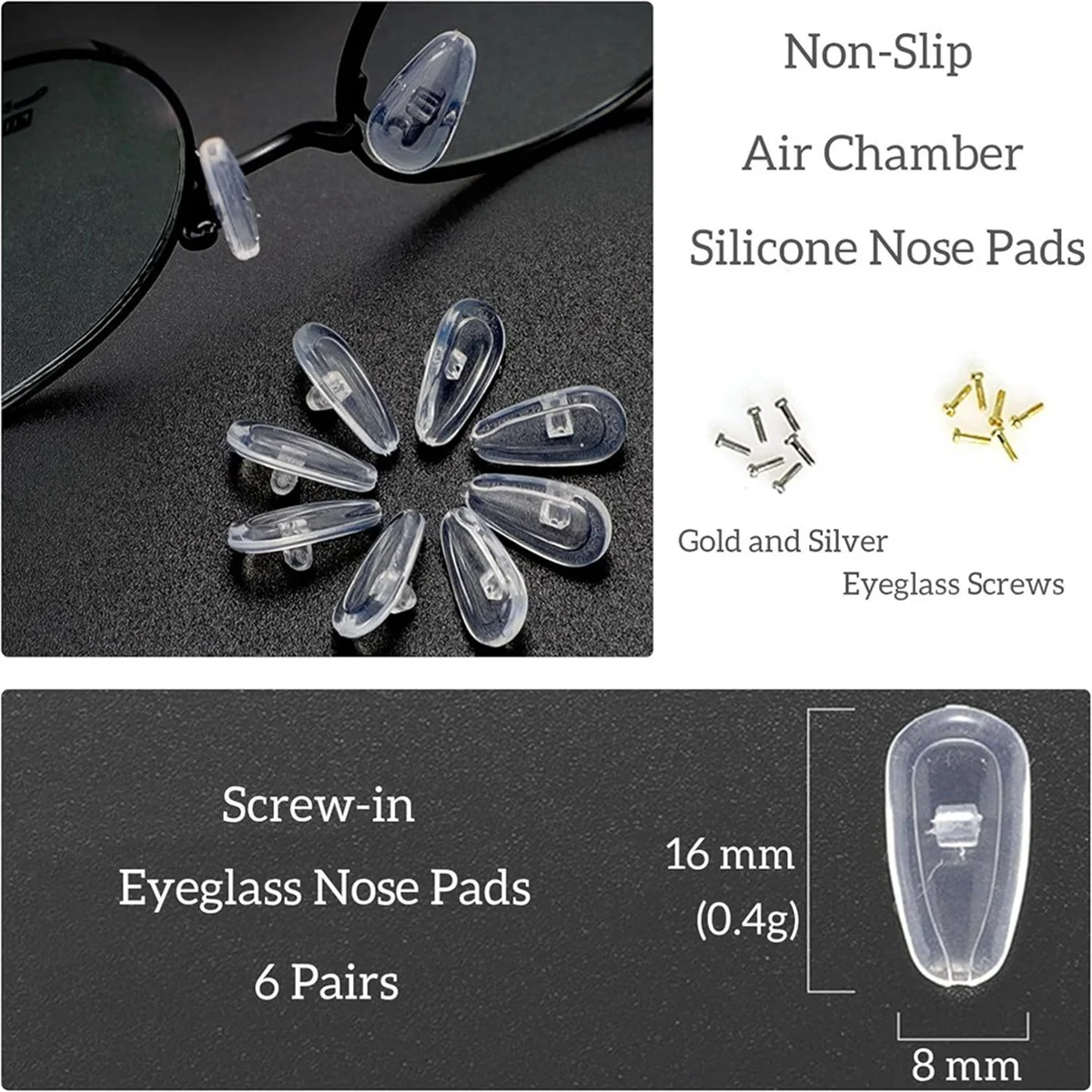 12 Pairs of Soft Jelly-Like and Air Chamber Silicone Nose Pads Screw-In Glasses Nose Pads with Gold and Silver Screws