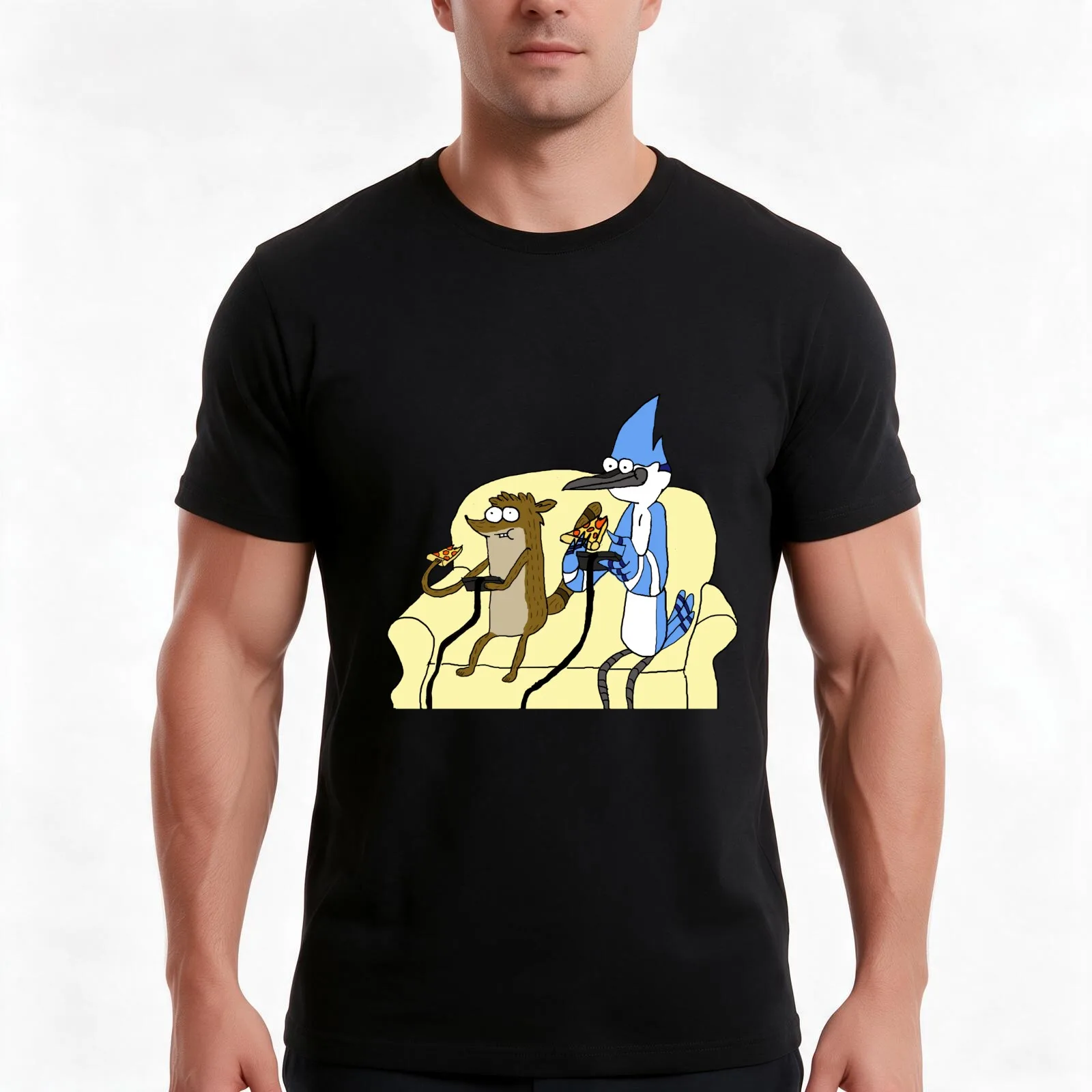 Rigby and Mordecai Best team, Love for pizza and games T-Shirt, Summer Casual Cotton Tee, Oversized Streetwear Tops, 100% Cotton