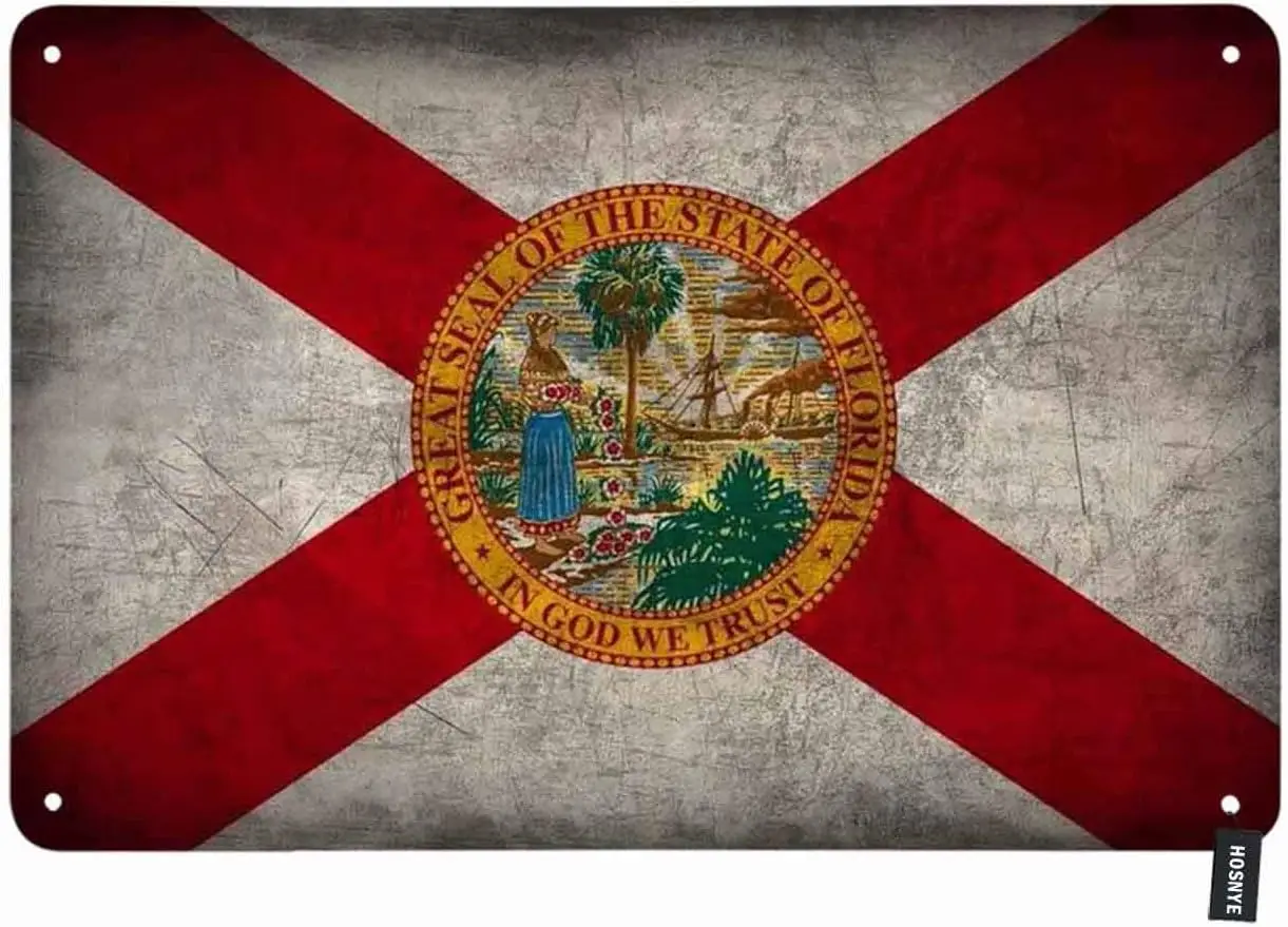 HOSNYE Florida State Flag Tin Sign Vintage Metal Tin Signs for Men Women Wall Art Decor for Home Bars Clubs Cafes 8x12 Inch