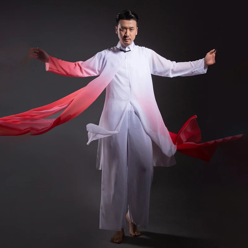 Men Chinese Classical Dance Performance Costume Elegant Chiffon Flowy Gradient Ink Robe Tai Chi KungFu Martial Art Uniform