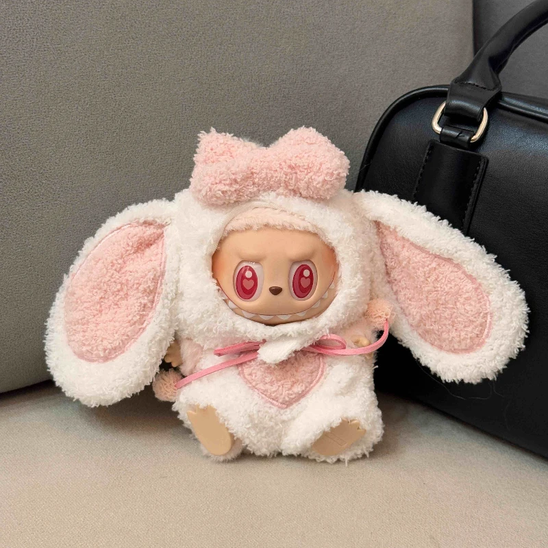 Mini oyuncak bebek giysileri kıyafet aksesuarları 15-17cm Labubu Idol V1 V2 büyük kulaklı beyaz pembe tavşan tulum giyim hediye