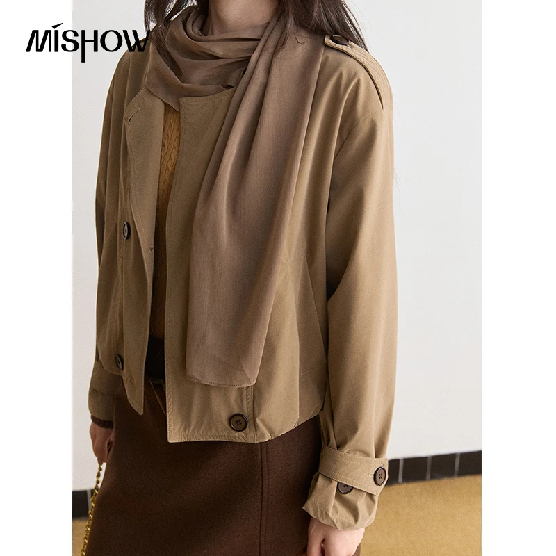 MISHOW Women's Trench Coat French Retro Double Collar Cropped Coat 2026 Fall Detachable Ribbon Scarf Daily Outerwear MXF47W1148