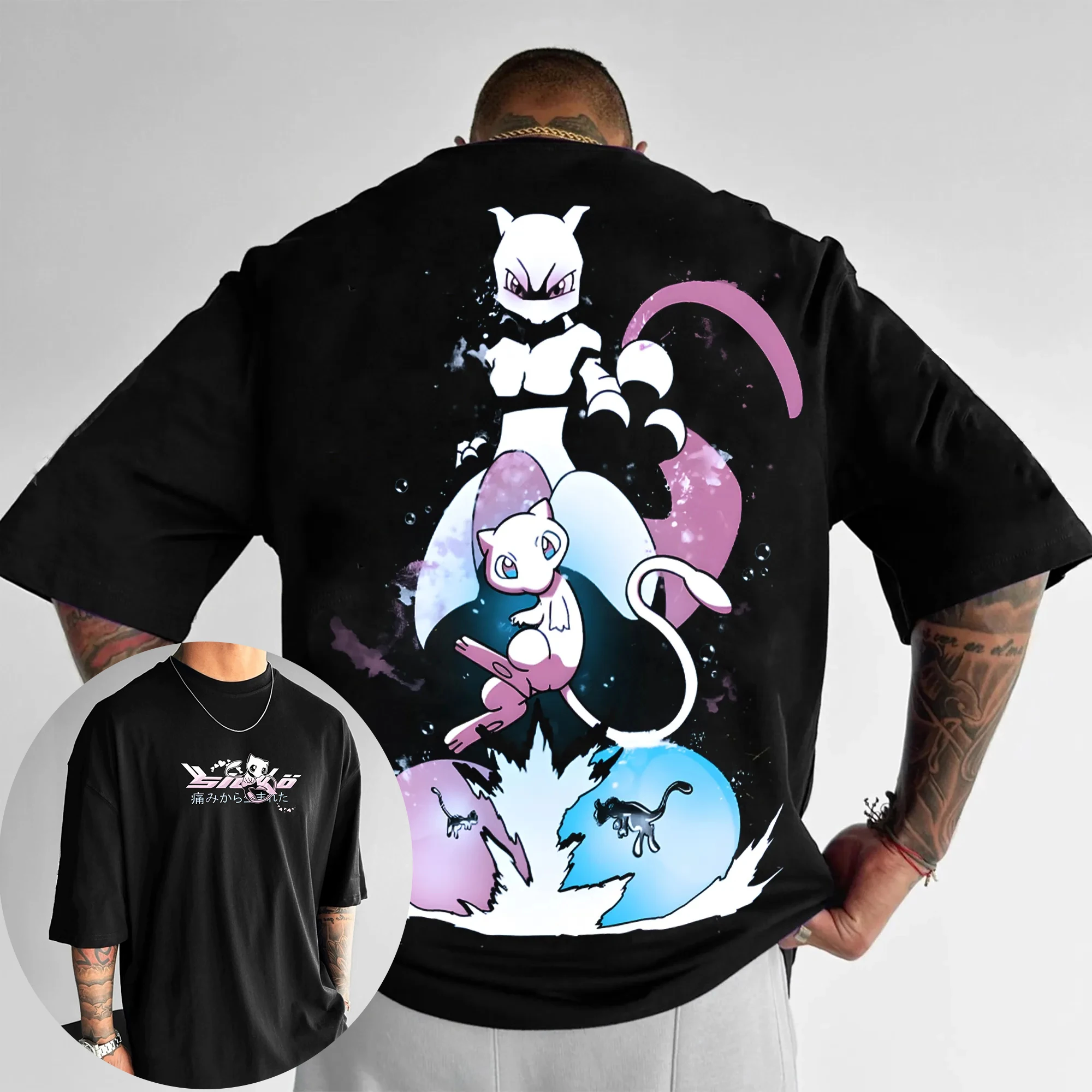 Pokémon Men's and Women's Cotton T-shirt 2026 Summer New Pikachu Mewtwo Printed Street Hip Hop Casual Loose Y2K Parent Child Top