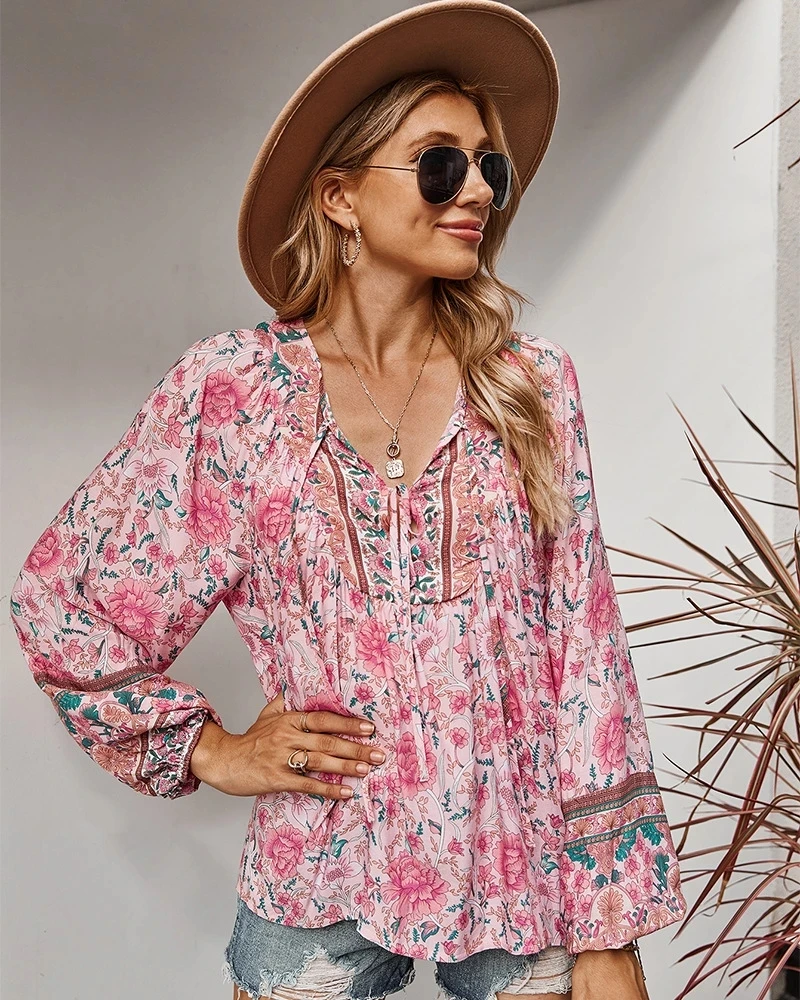 Super Chic pink floral print blouse women long sleeve V-neck over-sized za women blouse shirt summer tops boho women blouse