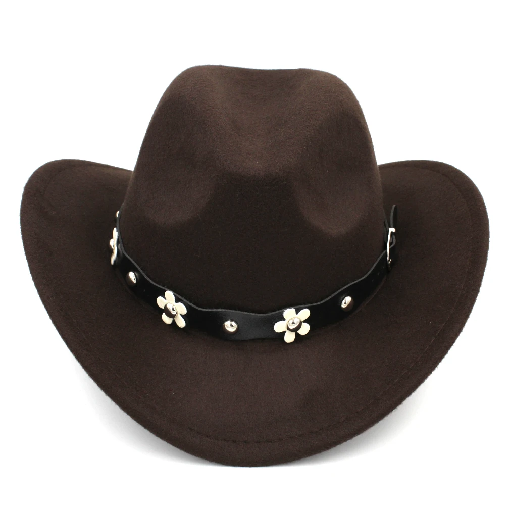Kids Western Cowboy Hat Girls Cowgirl Cap Boys Fedoras with Flower Studded Leather Belt for Halloween Birthday Party Accessories view 4