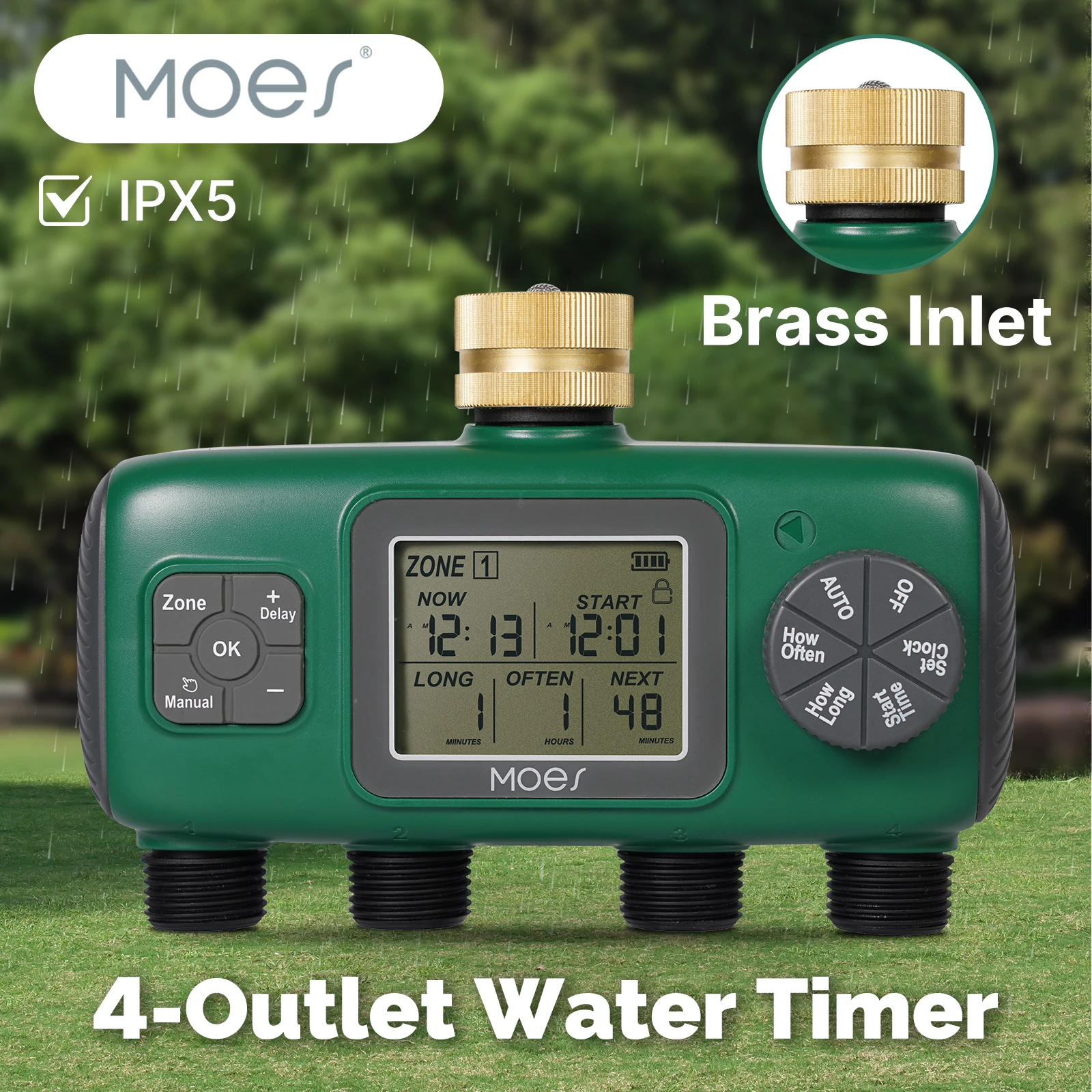 MOES 4-Outlet Digital Water Timer Brass Inlet Knob Button Automatic Irrigation LCD Display Screen IPX5 Garden Tools Sprinklers