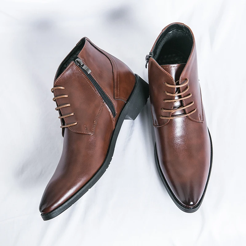 Leather Boots Men Zip Lace-up High Top British Versatile Men Fashion Business Dress Social Boots Mens Platform Casual Men Boots