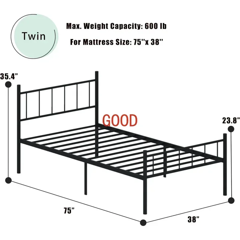 14 Inch Twin Metal Platform Frame With Headboard,Mattress Foundation,Steel Slat Support,Under Bed Storage,No Box Spring Need