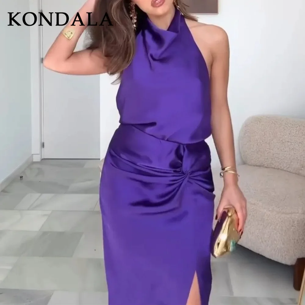 KONDALA 2026 Spring Summer Casual Satin Women Solid Suits Fashion Backless Sleeveless Halter Short Tops Chic Zipper Long Skirts view 5