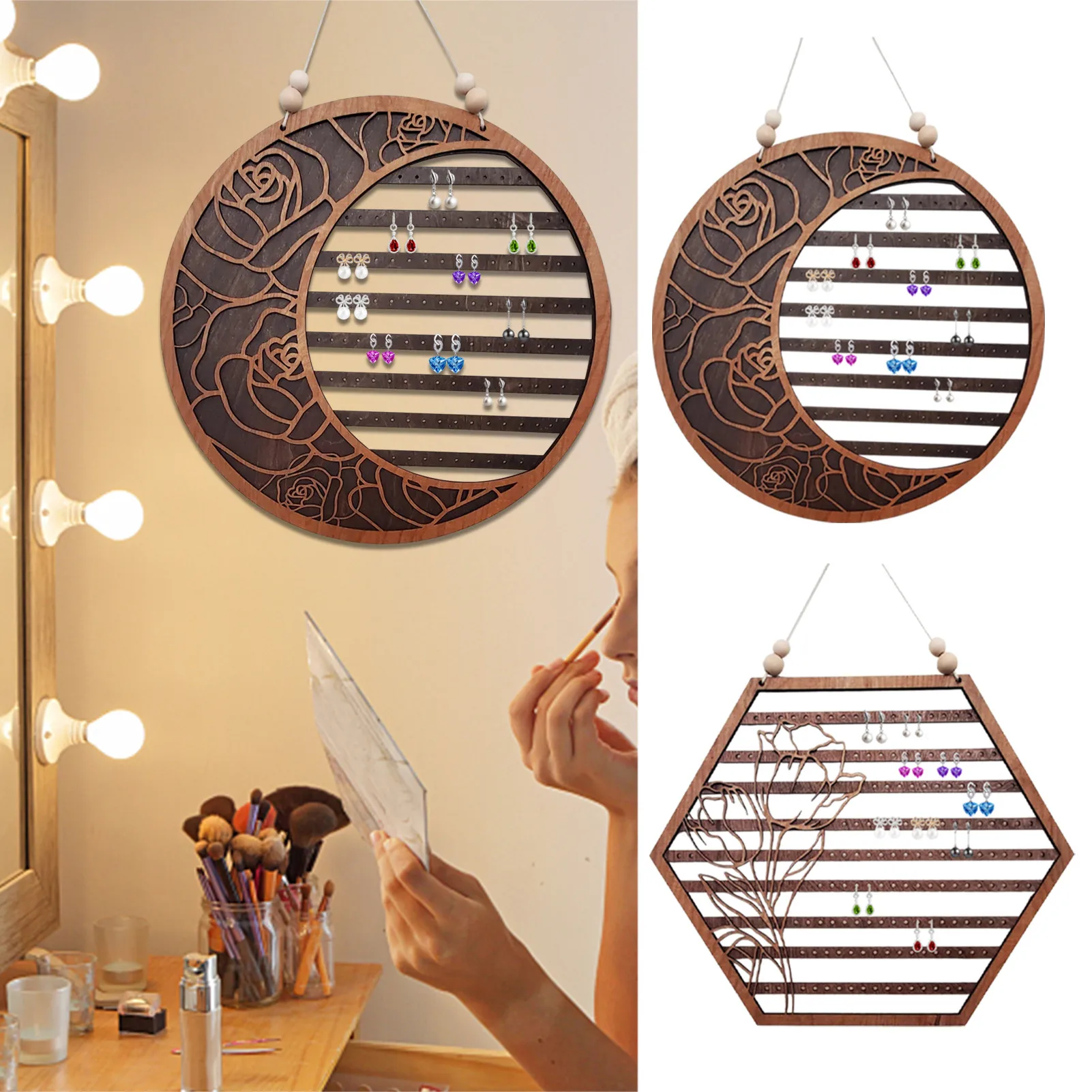 Wooden Earring Wall Hangings Organizer Moon Hexagon Wall Mounted Jewelry Wall Holder Earring Christmas Decoration