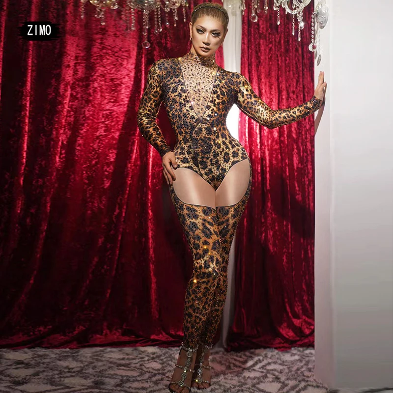 

fashion sparkle Full rhinestones jumpsuit women sexy leopard print party birthday drag queen pole dance festival clothes Custom