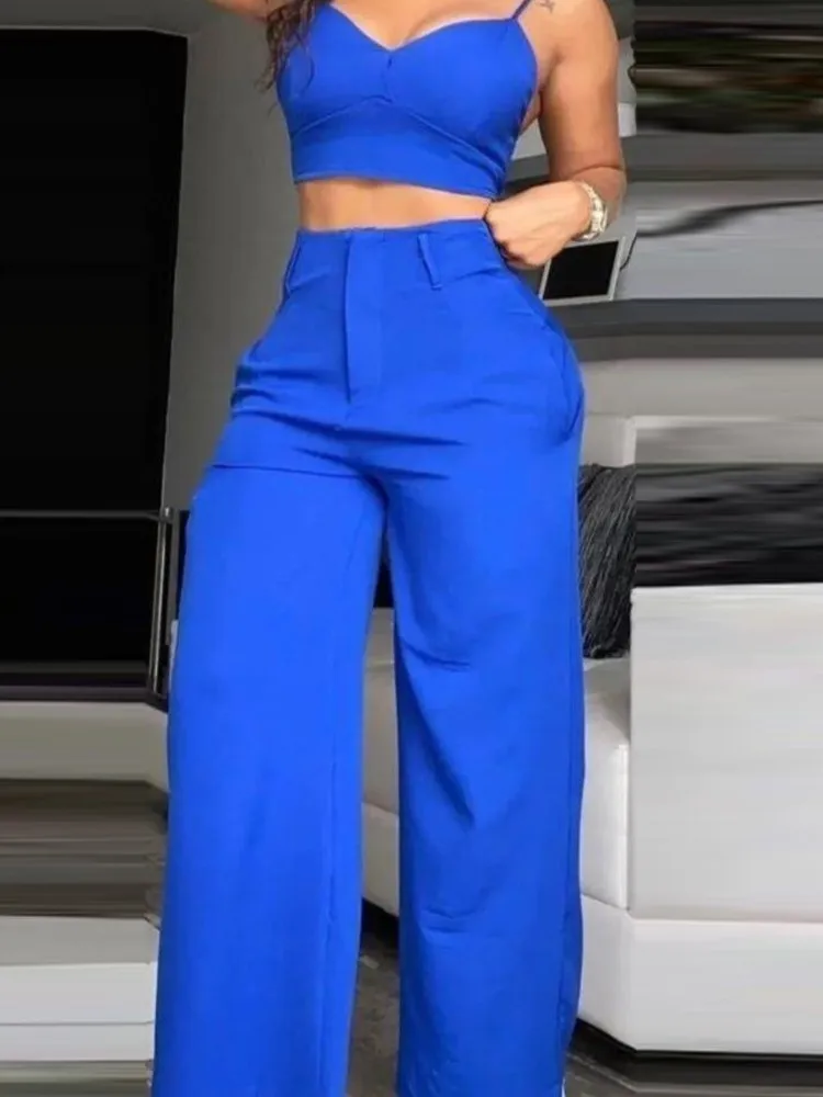 

Fashion Casual Suspender Top Wide-leg Trousers Two-piece Set Women's Simple Commuting Solid Color Sleeveless Casual Trousers Set