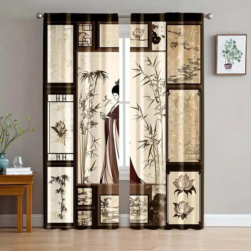 2pcs -Coffee-colored geisha, bamboo print curtains, pole bag curtains, home decoration, room decoration