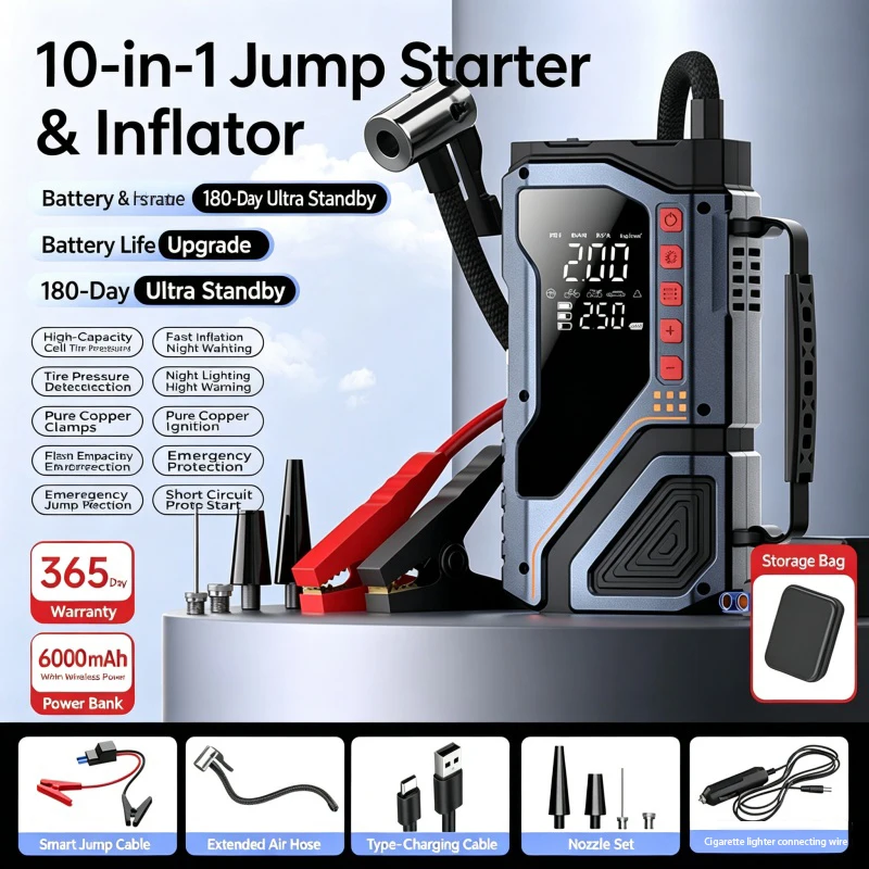 Car Jump Starter,Power Bank Air Pump Tire Inflator,Start The Car Quickly, Car Accessories Tools,Emergency Kit for Road Trips