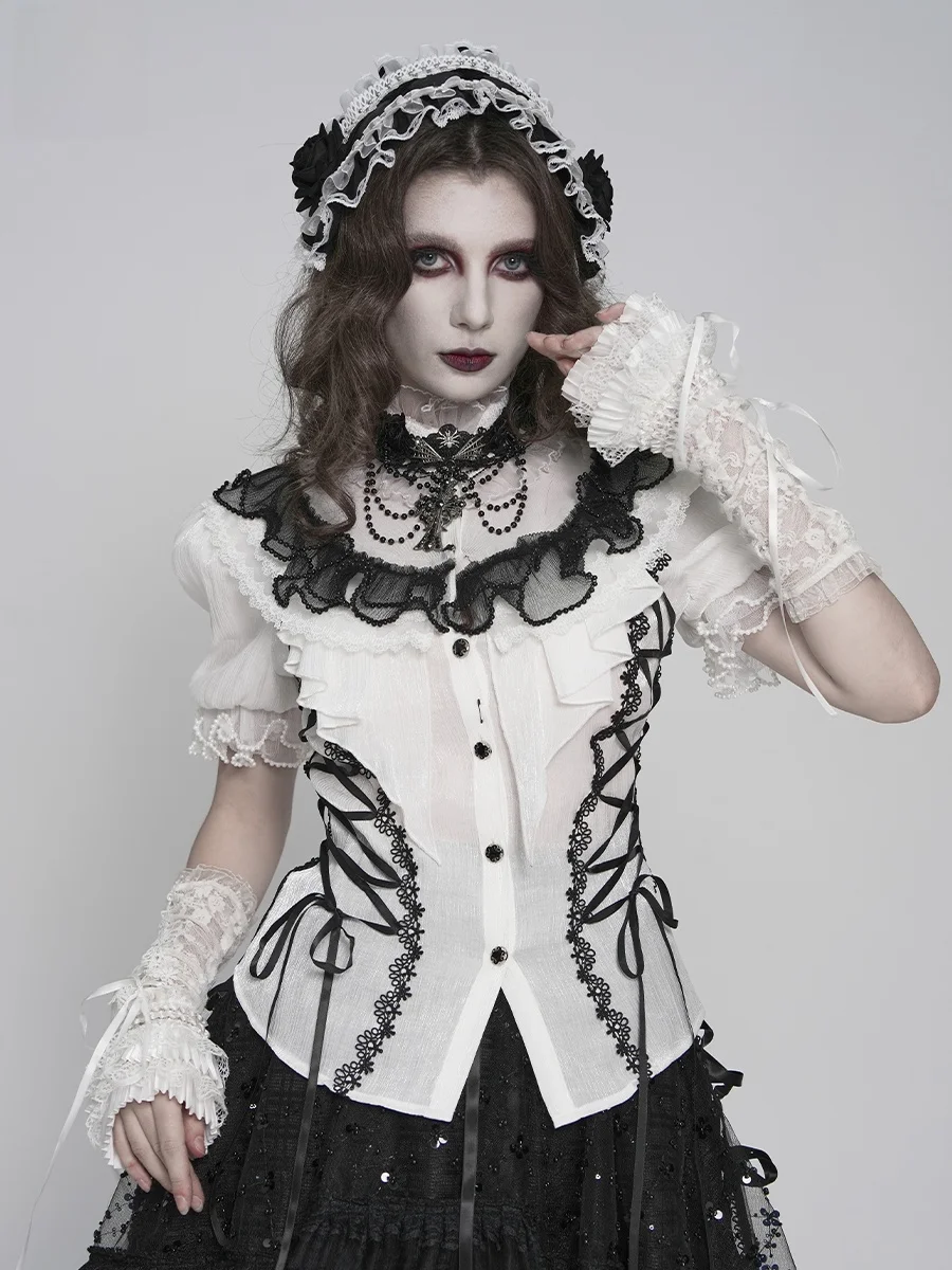 

Devil Fashion Short Sleeve Loli Flash Silk Chiffon Shirt Devil Fashion SHT151012 Dark Style Women's Shirt Breathable Slimming