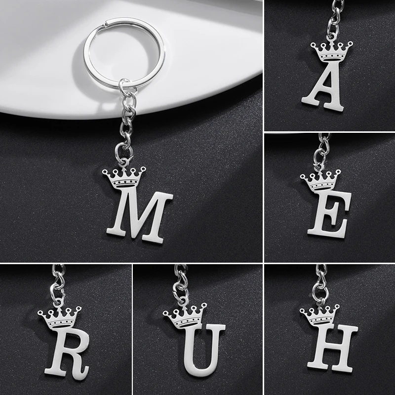 

Fashion Crown A-Z Letters Pendant Keychains for Lovers Silver Color 26 Alphabet Keyring Women Car Key Ring Unique Name Jewelry