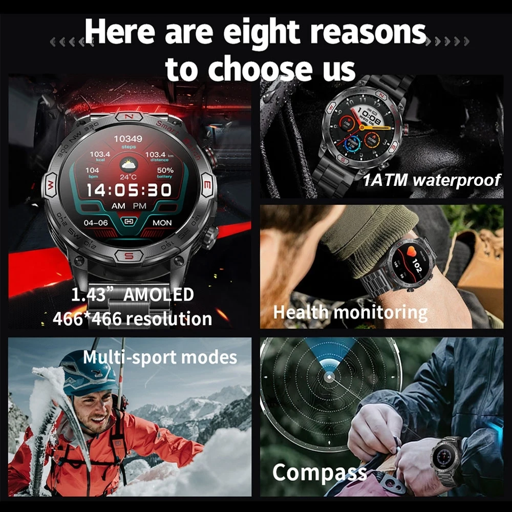 1 atm wasserdichte Smart Sport uhr Männer mit 450mAh Batterie Gesundheits überwachung Bluetooth Anruf Outdoor Kompass Militär Smartwatch