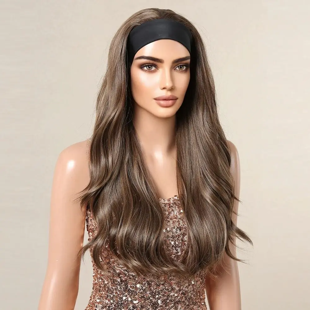 Long Chestnut Brown Wavy Headband Wigs for Women Heat Resistant Synthetic