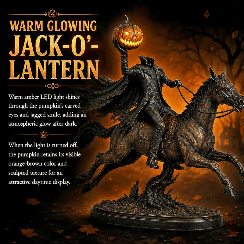2026 Headless Horseman Statue Glowing Pumpkin‑Head Horse‑Rider Figurine Spooky Gothic Tabletop Halloween Home Decoration