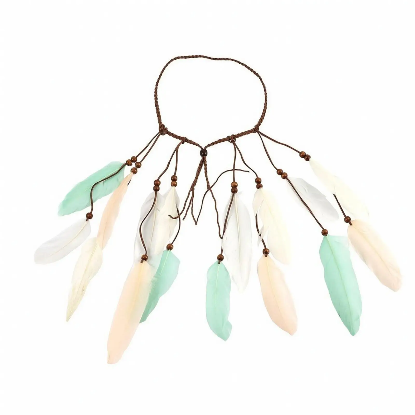 Feather Hair Tie with Wooden Beads | Adjustable Head Circumference, Bohemian, for Festivals