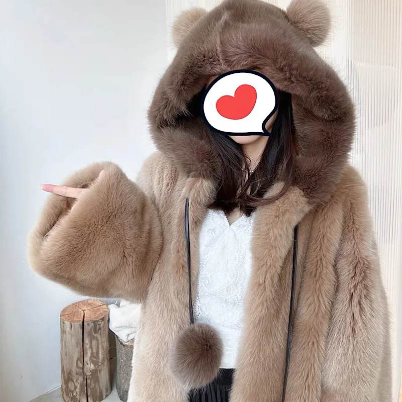 2023 New Real Featured Fox Fur Coats Women's Hooded with Lovely Eers Coat Simple Street Warm