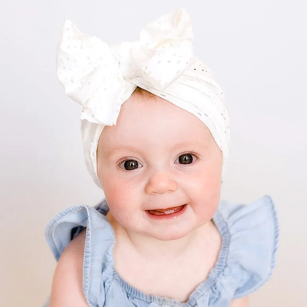 Summer Hollow Baby Turban Cap Big Bow Infant Indian Hat Thin Cotton Newborn Elastic Headscarf Solid Color Kids Hair Accessories