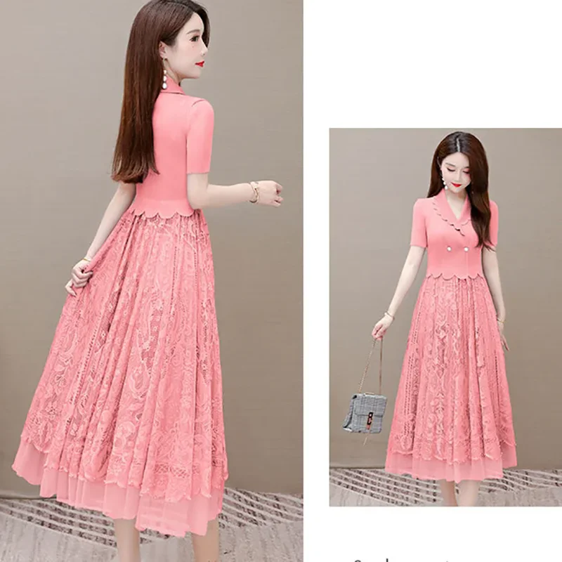 Anzug Kragen Patchwork Spitze Mesh Hohl Gefaltete Lange Kleid Frauen Sommer Neue Gefälschte Zwei-stück Damen Party Abendkleider vestidos