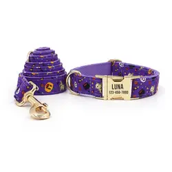 Personalized Dog Collar with Free Engraving, Matching Pet Leash,Customzied Contacts Metal Buckle,Purple Halloween Collar