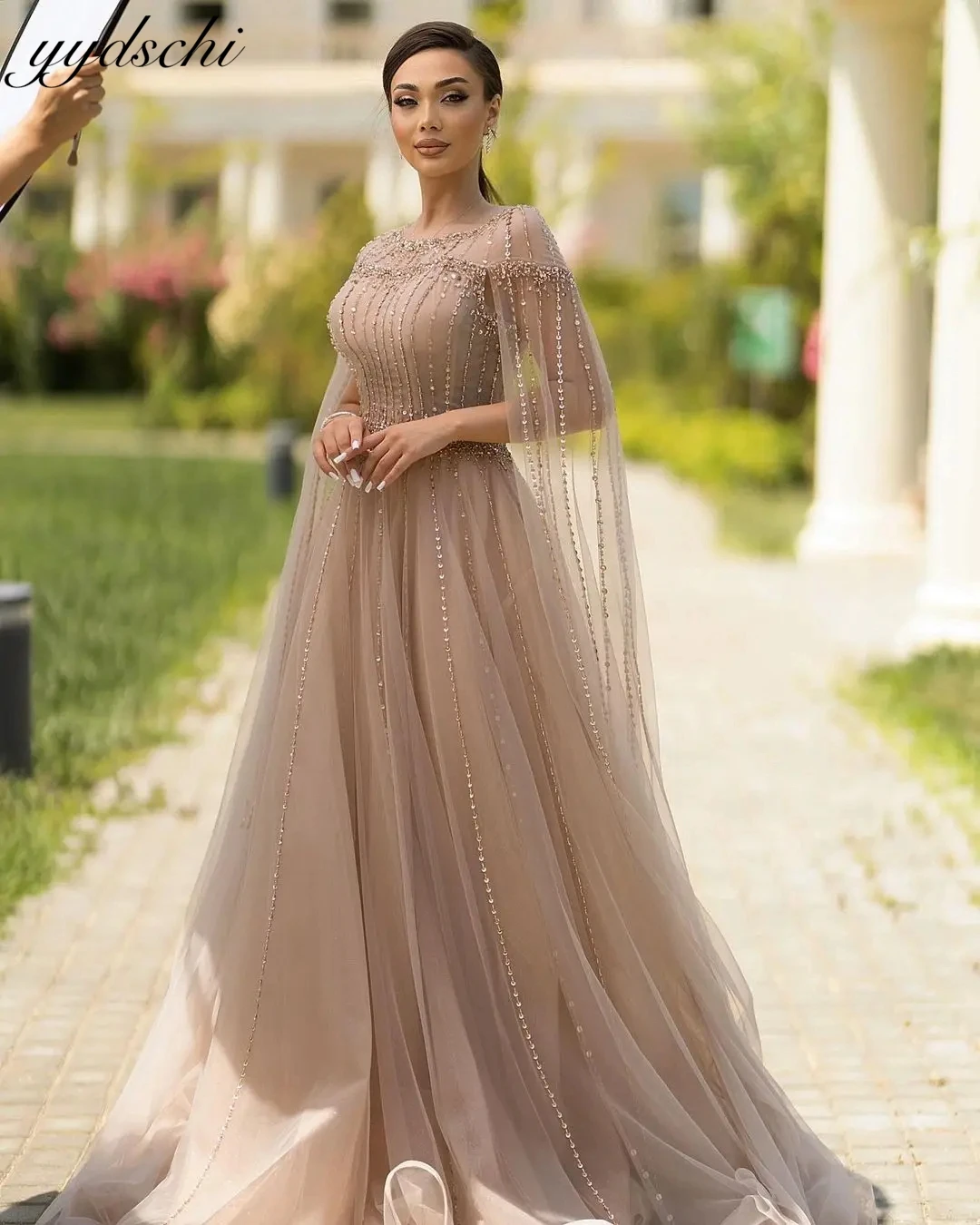 

Elegant O-Neck Long Cape Sleeves Vintage Sequin Tulle A-Line Evening Dresses For Women 2024 Prom Dresses Party Dress