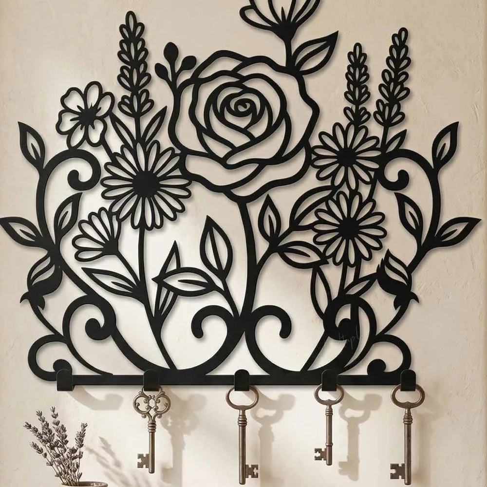 CIFBUY Metal Wall Decor Key Holder Durable Rustic Rose Flower Design Entryway Living Room Porch Hanging Rack