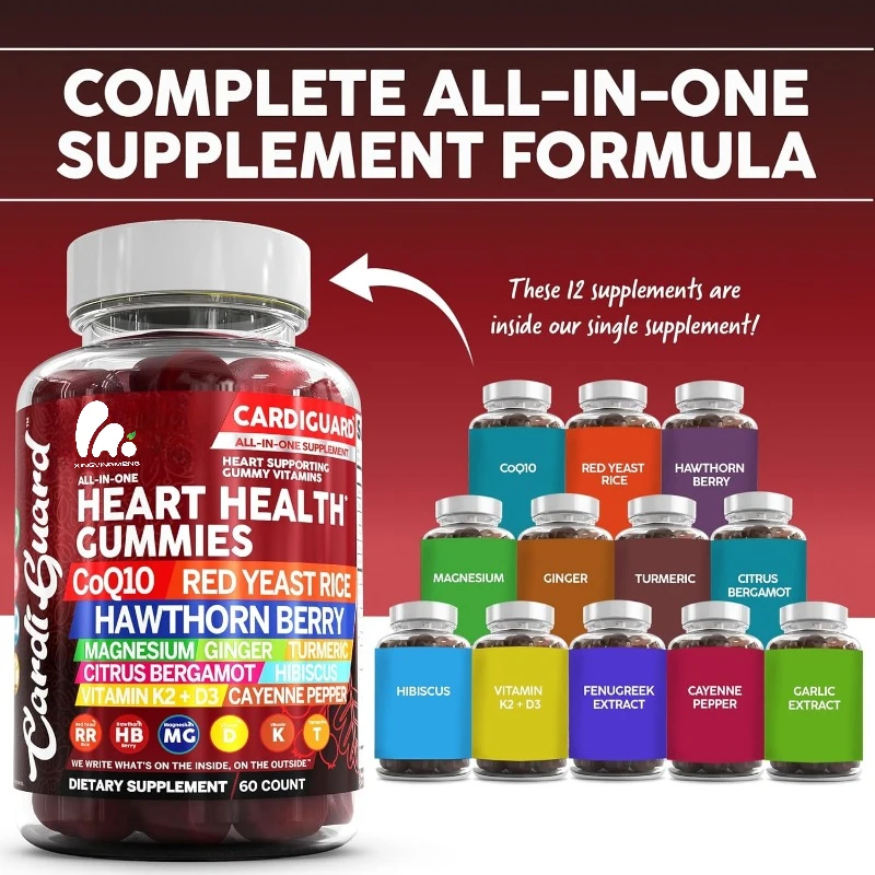 Coq10 gummies Red yeast rice, hawthorn berry, turmeric, citrus, bergamot, hibiscus, vitamin, glycine, magnesium,chili, fenugreek