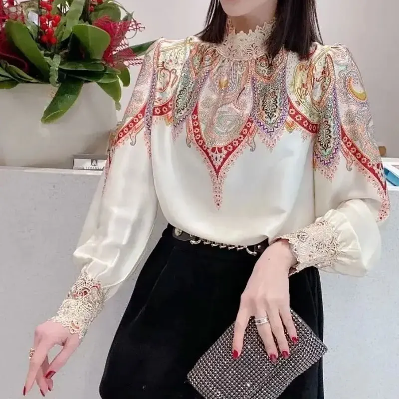 Stand Collar Lace Spliced Printed Vintage Shirt Spring Fashion Female Clothing Long Sleeve Korean Loose Women\'s Pullovers Blouse