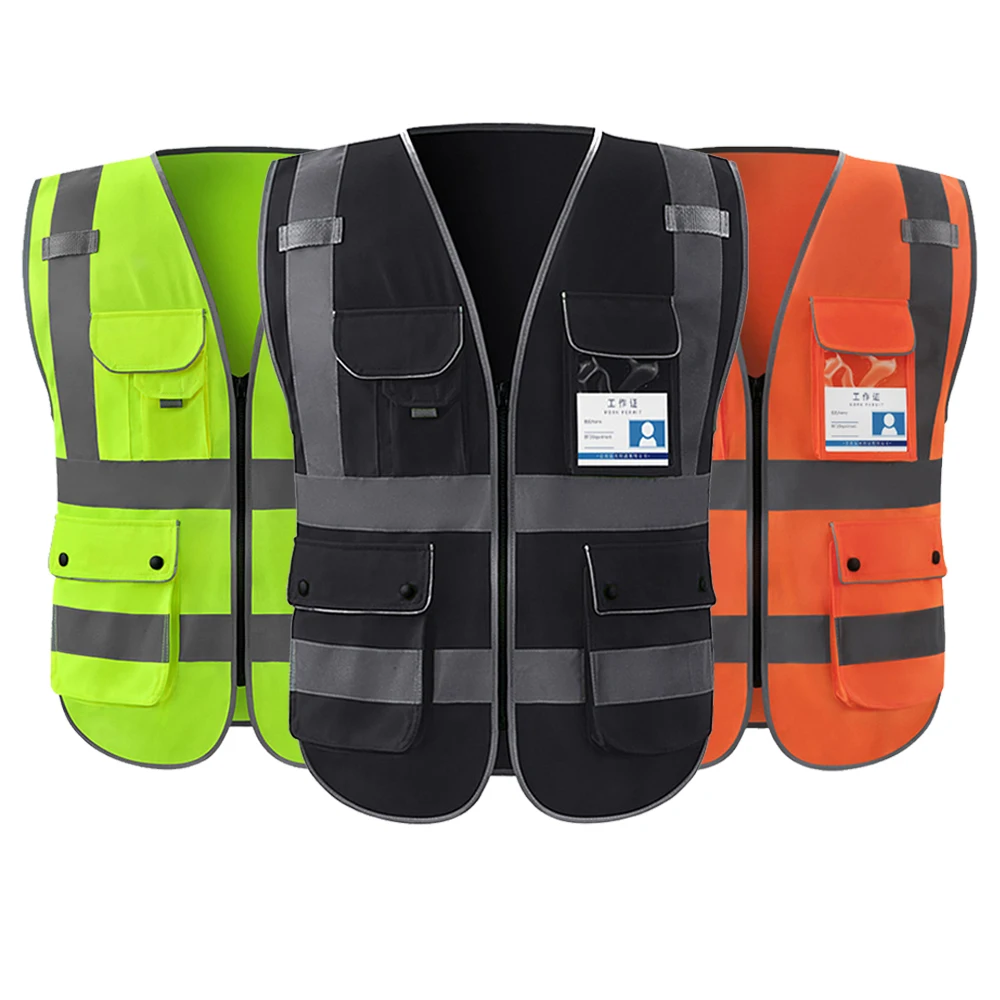 Hi Vis Black Color Safety Vests for Men Women Work Construction High Visibility Reflective Vest with Multi Pockets Zipper Front