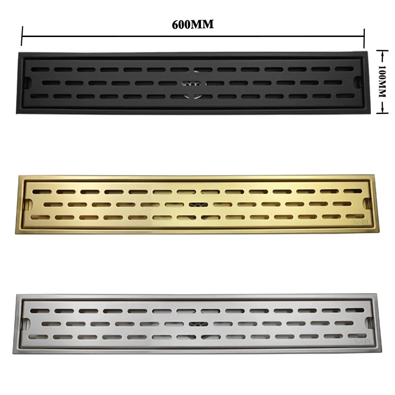 304 Floor Drain Shower Tray Under Tile Drain Channel Stainless Steel Anti-Odor Brushed Gold Water Drain Bathroom Hair Waste Trap