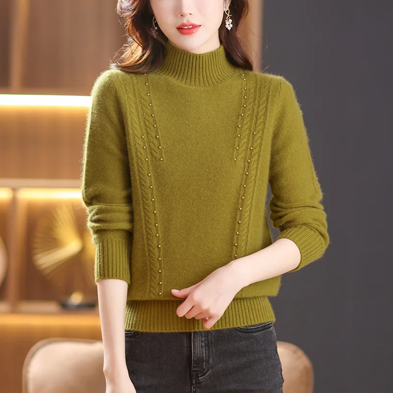 

Lazy Style Half High Neck Beaded Bottom Sweater Women Autumn Winter Pullovers Knit Shirt Middle Aged Mother Long Sleeve Tops