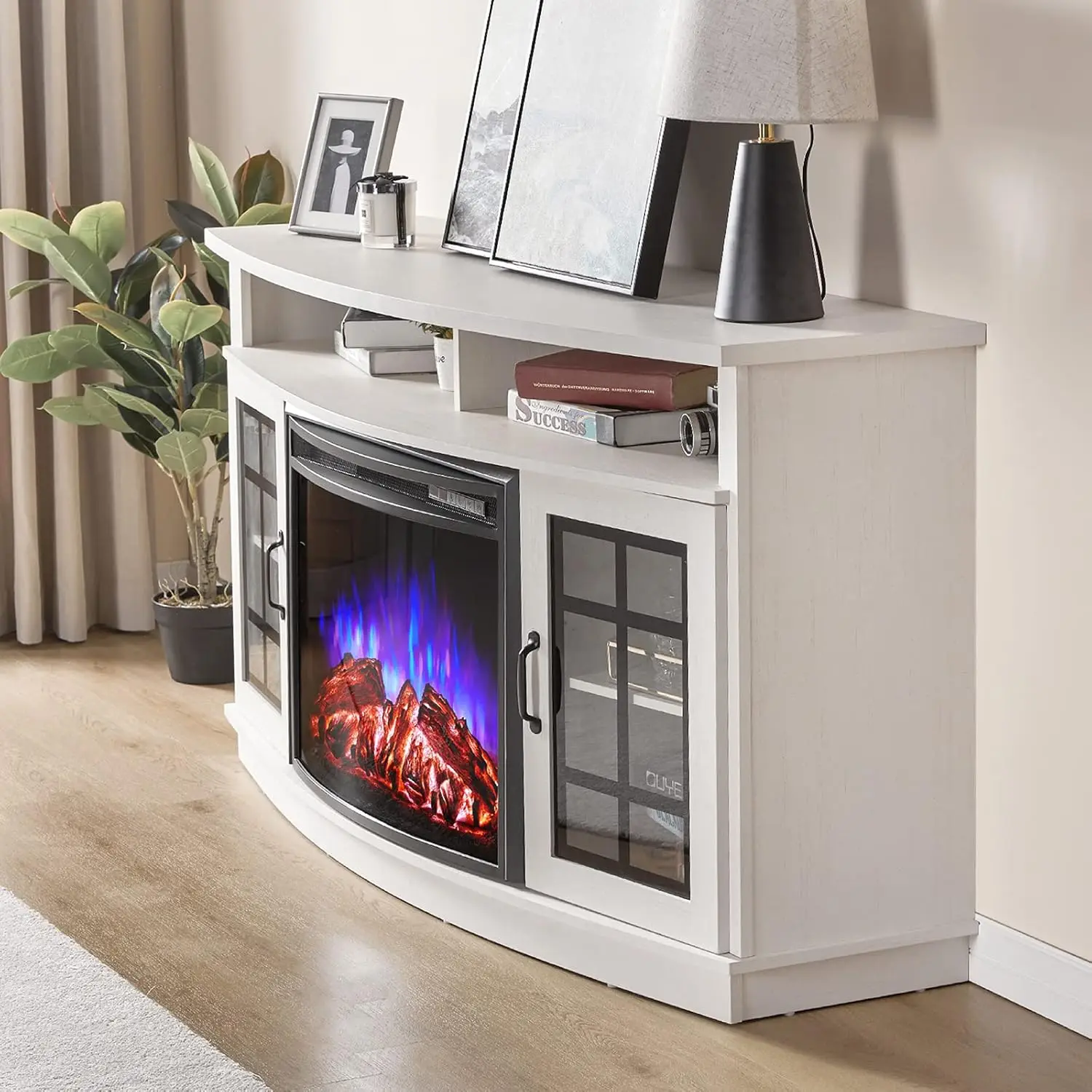 Curved Fireplace TV Stand with 26'' Electric Fireplace, Media Entertainment Center Farmhouse Glass Door Storage Cabinet