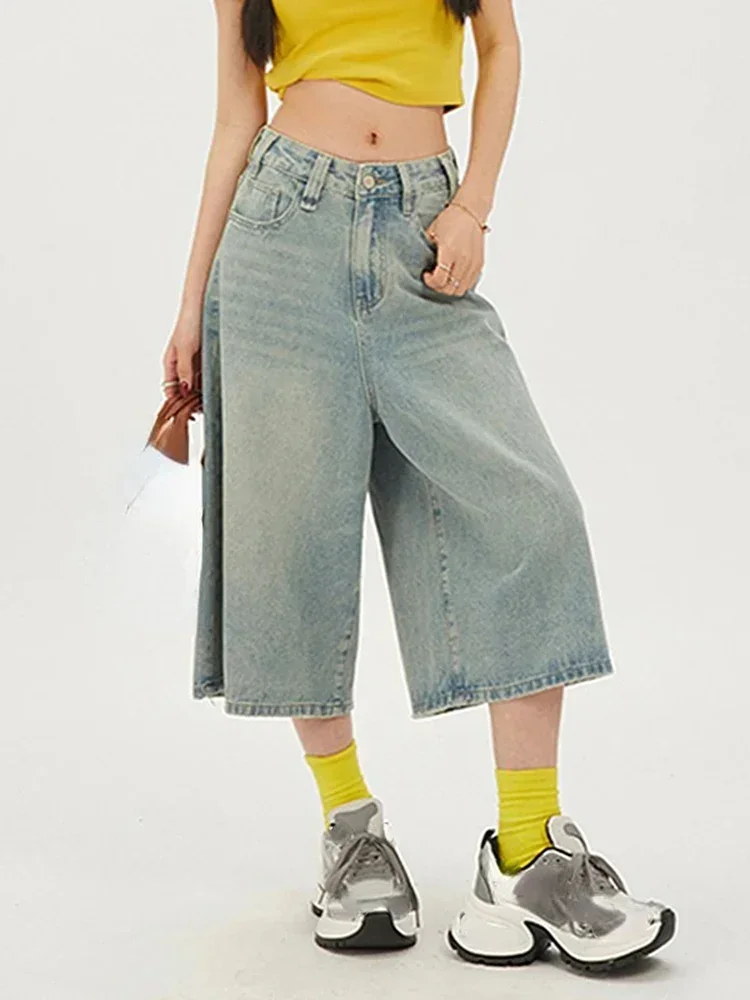 Korean Streetwear High Waisted Versatile Women's Straight Cropped Shorts Summer New American Retro Loose Women Wide Leg Jeans
