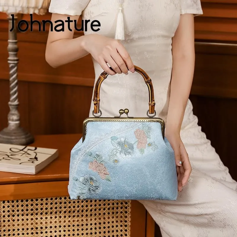 Johnature Exquisitely Embroidered Antique Cheongsam Bag 2024 New Women Elegant Handbag Versatile Vintage Shoulder Bags