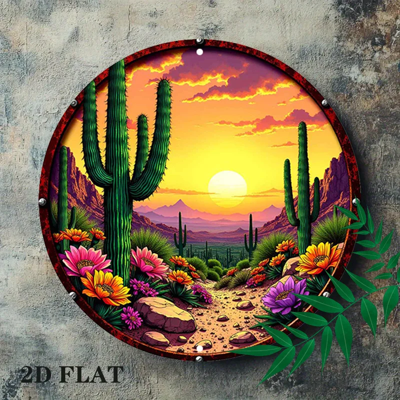Round Decor,Cactus Scene Round Plaque,Southwestern Vibes Holiday Decorative Plaques,Blooming FlowersRound Plaque