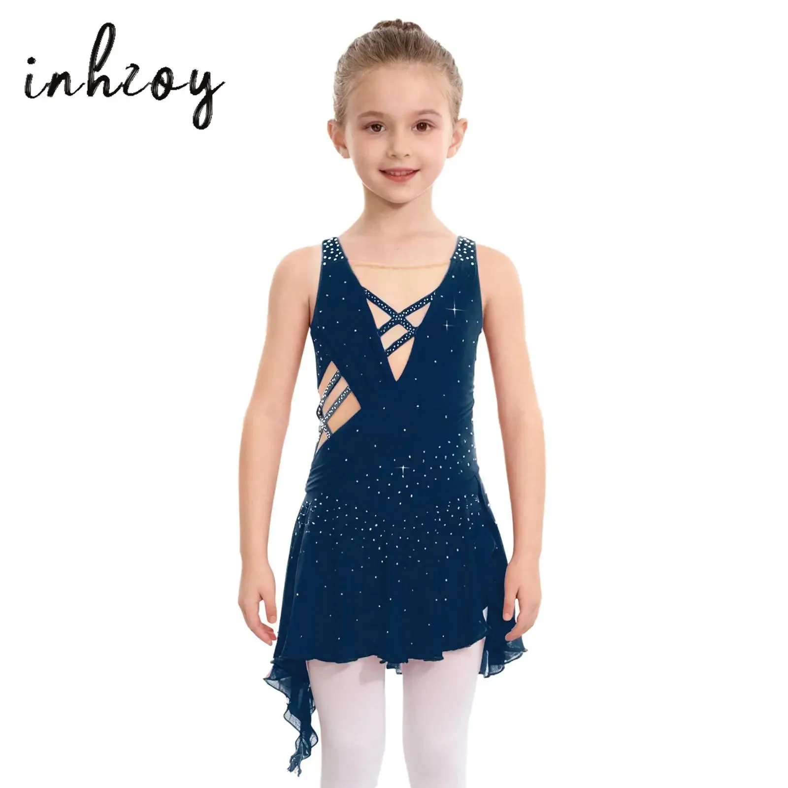 

Kids Girls Ballet Dance Lyrical Dress Shiny Rhinestones Sheer Mesh Splice Sleeveless Crisscross V-Back Side Slit Leotard Dress